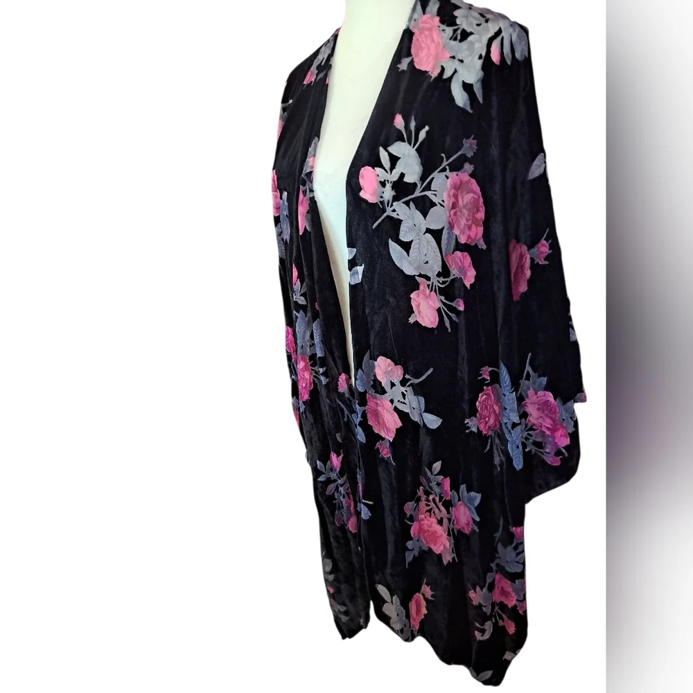 2x 3x Kimono Jacket Dressy Cabbage Rose Velvet Burnout Mid Calf Legnth Boho